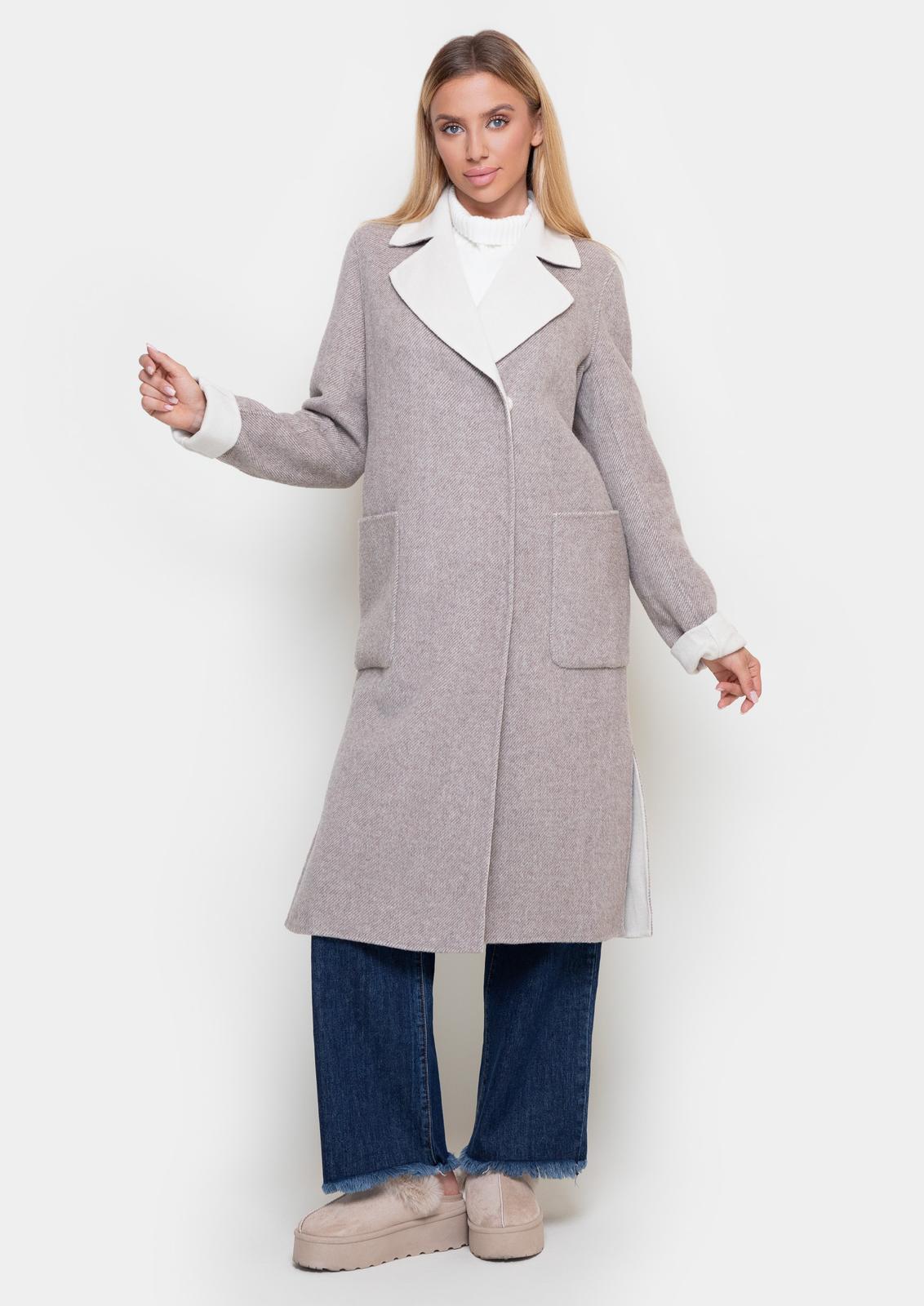 Elegant cappuccino-colored coat with contrast collar